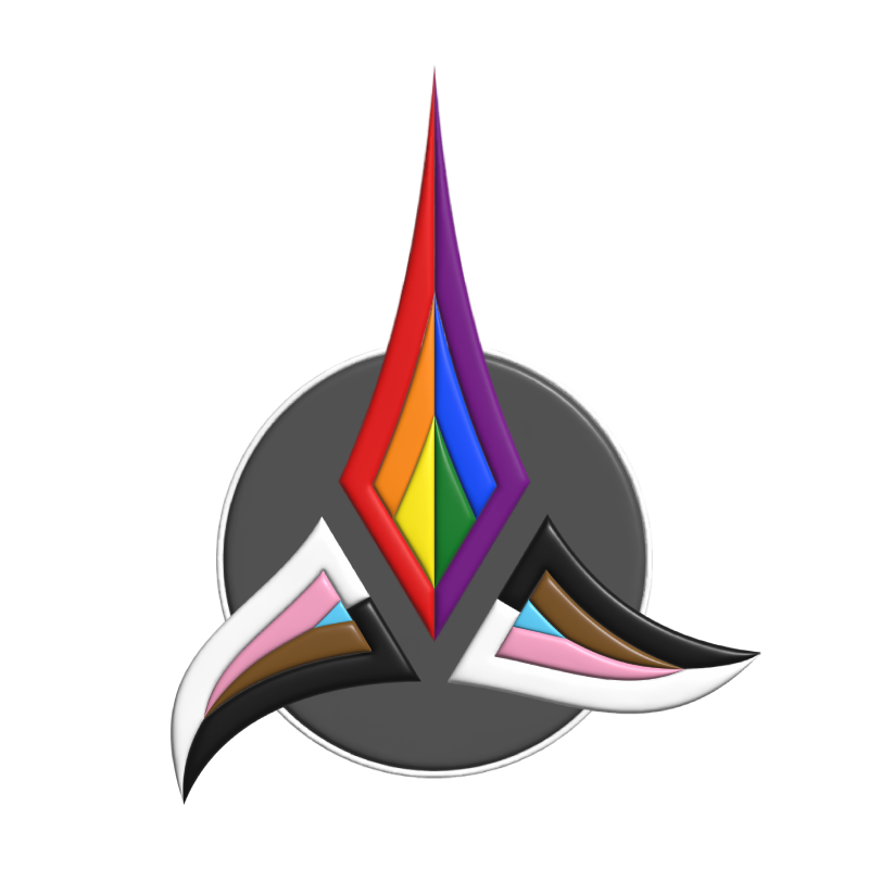 A Klingon emblem in LGBTQ+ inclusive pride colours.